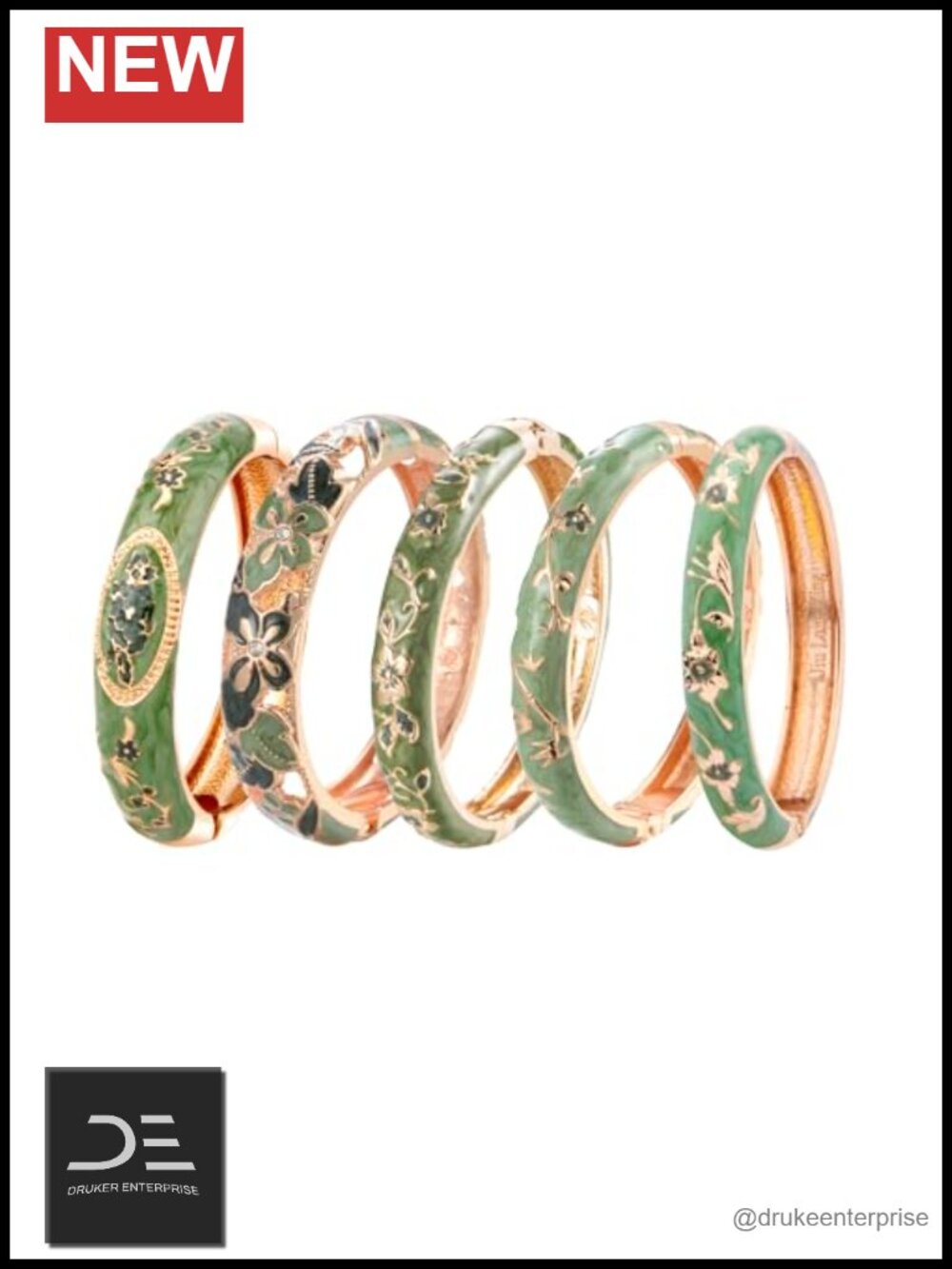 Set of 5 Enamel Gold Plated Bangle Bracelets Floral Design in Gift Box